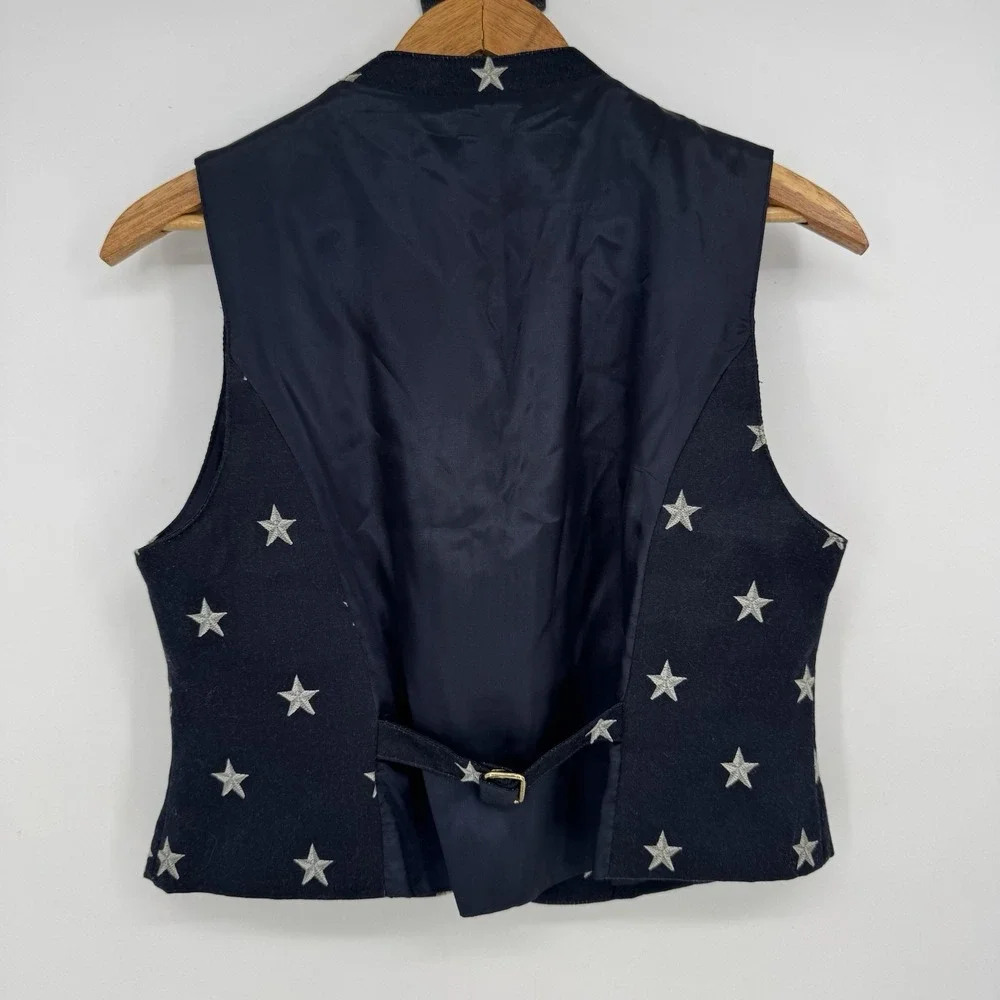 90s Liz Sport Blue Embroidered Vest‎ Women's Petite 2 Preppy Patriotic Button Up